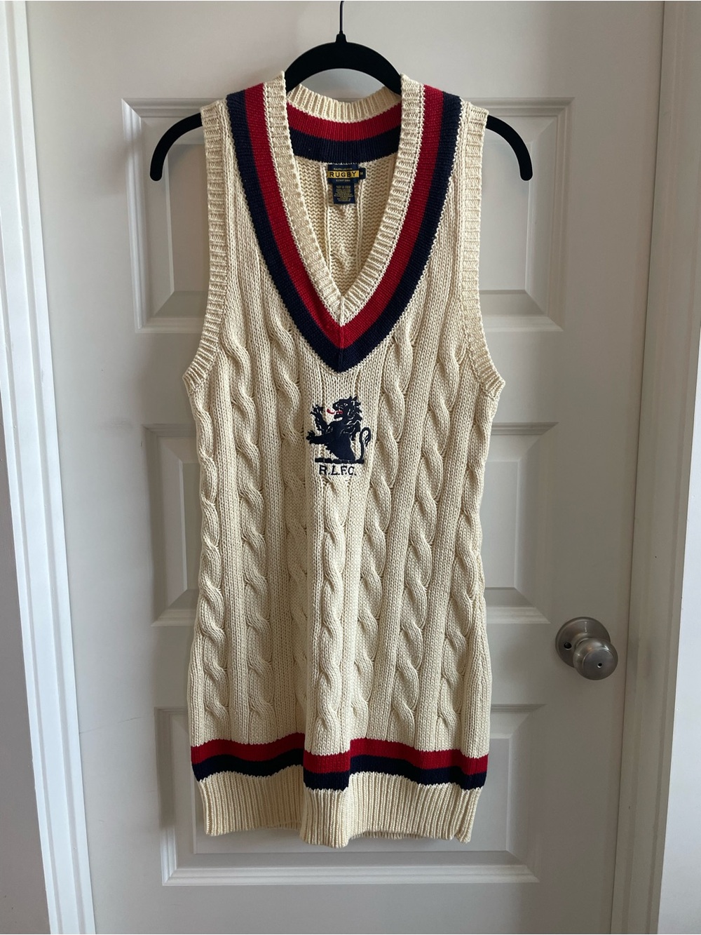 Ralph Lauren Cream Cable-Knit V-Neck Sweater Dress with Red & Navy Trim